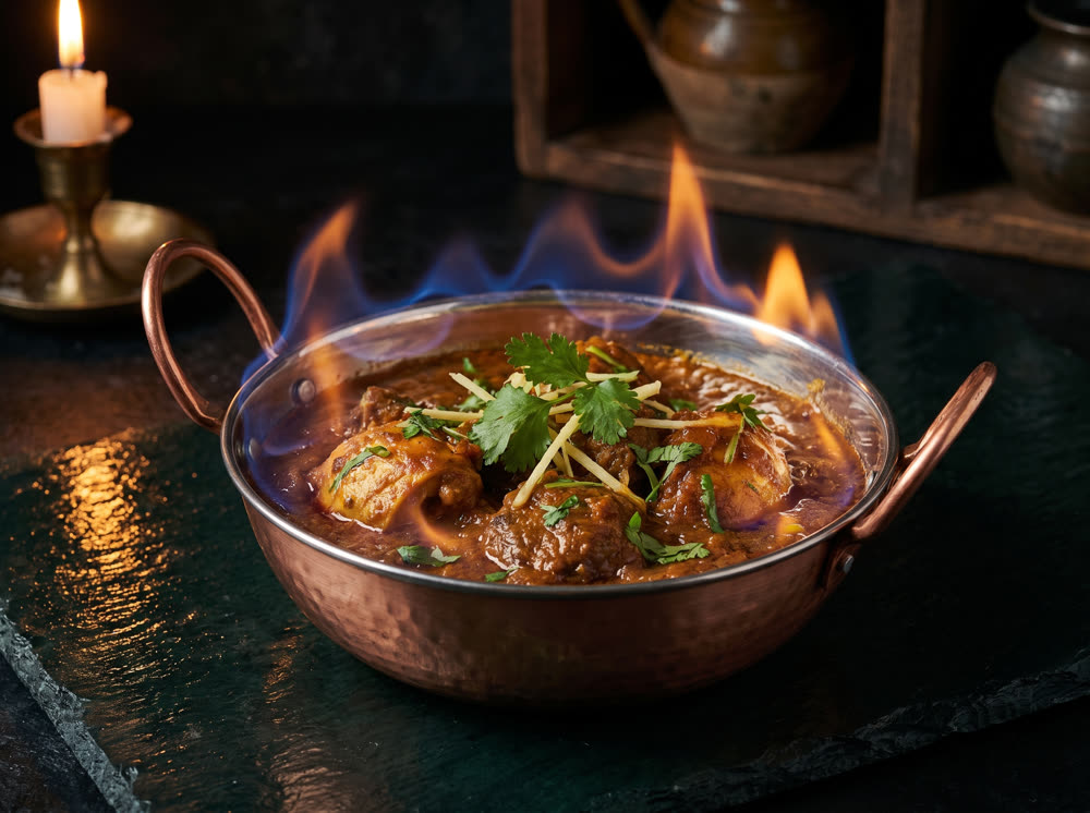 Murg sharab khana, flambeed kabobs
